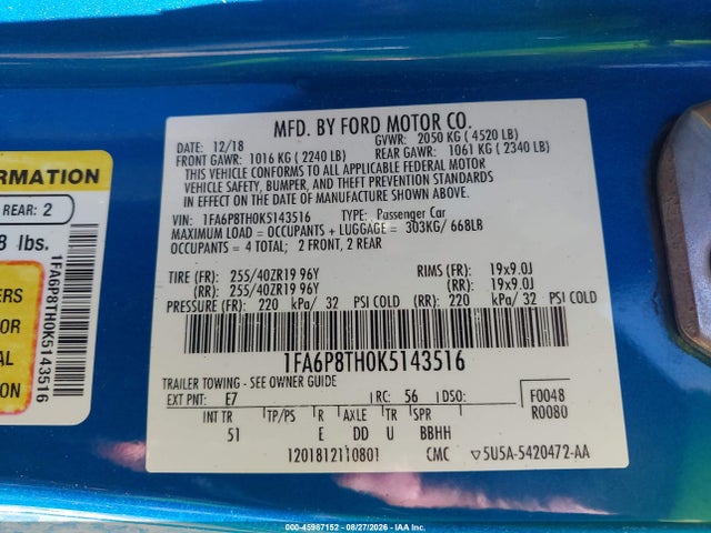 Ford Mustang Ecoboost Premium 2019 1FA6P8TH0K5143516 Image 9