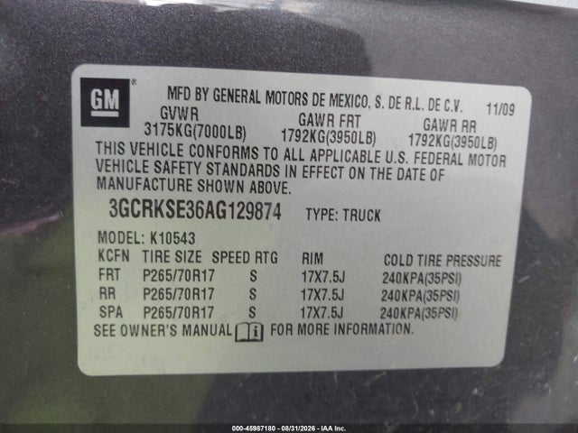 45987180 :رقم المزاد ، 3GCRKSE36AG129874 vin ، 2010 Chevrolet Silverado 1500 Lt مزاد بيع