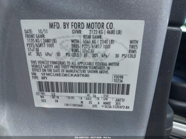 Продаж на аукціоні авто 2012 Ford Escape Limited, vin: 1FMCU9EG6CKA97690, номер лоту: 45987202