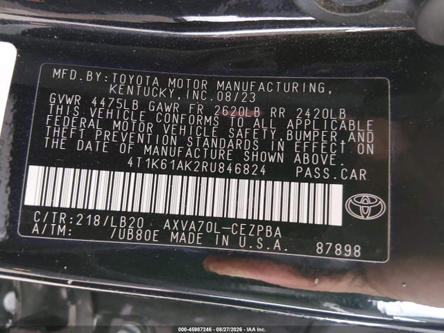 Aukcja sprzedaży 2024 Toyota Camry Xse, vin: 4T1K61AK2RU846824, numer aukcji: 45987246