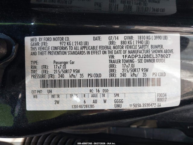 45987265 :رقم المزاد ، 1FADP3J28EL378027 vin ، 2014 Ford Focus Titanium مزاد بيع