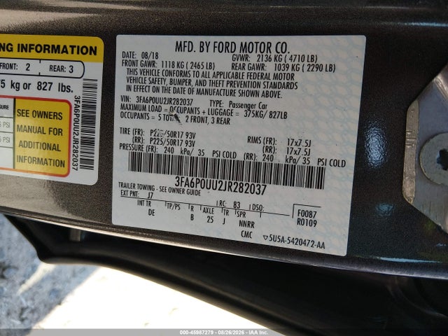 2018 Ford Fusion Hybrid S მანქანა იყიდება აუქციონზე, vin: 3FA6P0UU2JR282037, აუქციონის ნომერი: 45987279