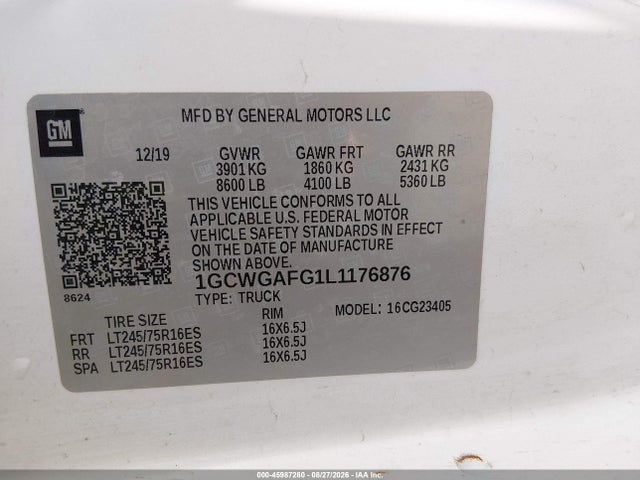 Продаж на аукціоні авто 2020 Chevrolet Express Cargo Rwd 2500 Regular Wheelbase Wt, vin: 1GCWGAFG1L1176876, номер лоту: 45987280