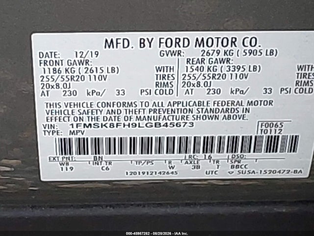 Продажа на аукционе авто 2020 Ford Explorer Limited, vin: 1FMSK8FH9LGB45673, номер лота: 45987282