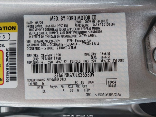 Продаж на аукціоні авто 2020 Ford Fusion S, vin: 3FA6P0G70LR265309, номер лоту: 45987292