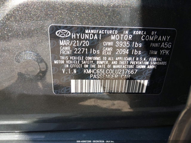 Aukcja sprzedaży 2020 Hyundai Ioniq Hybrid Blue, vin: KMHC65LC0LU217667, numer aukcji: 45987299
