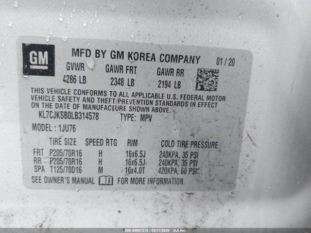 45987315 :رقم المزاد ، KL7CJKSB0LB314578 vin ، 2020 Chevrolet Trax Fwd Ls مزاد بيع