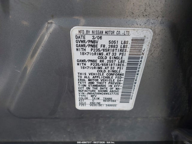 Продаж на аукціоні авто 2006 Nissan Murano Sl, vin: JN8AZ08W26W537725, номер лоту: 45987317