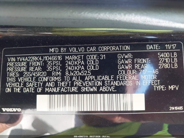 2018 Volvo Xc60 T6 Momentum მანქანა იყიდება აუქციონზე, vin: YV4A22RK4J1046616, აუქციონის ნომერი: 45987319