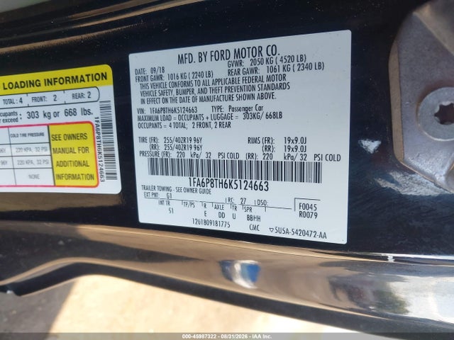 2019 Ford Mustang Ecoboost Premium მანქანა იყიდება აუქციონზე, vin: 1FA6P8TH6K5124663, აუქციონის ნომერი: 45987322
