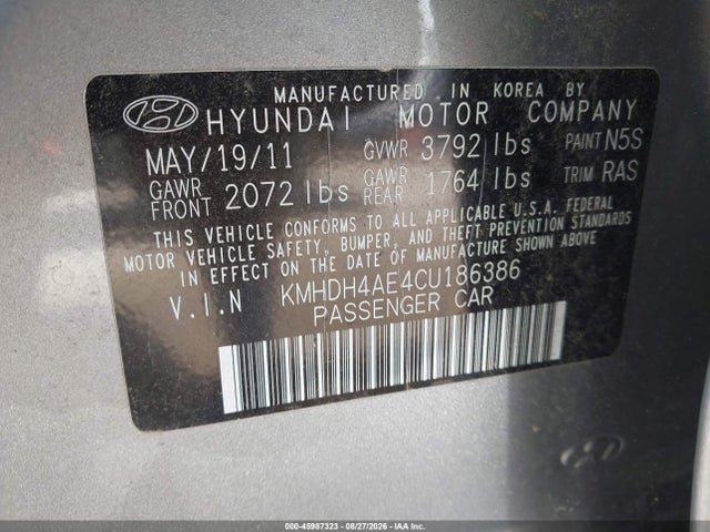 Продаж на аукціоні авто 2012 Hyundai Elantra Gls (ulsan Plant), vin: KMHDH4AE4CU186386, номер лоту: 45987323