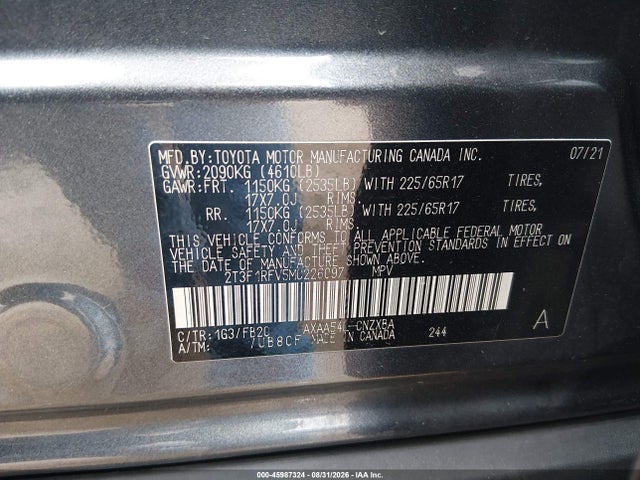 2021 Toyota Rav4 Le მანქანა იყიდება აუქციონზე, vin: 2T3F1RFV5MC226097, აუქციონის ნომერი: 45987324