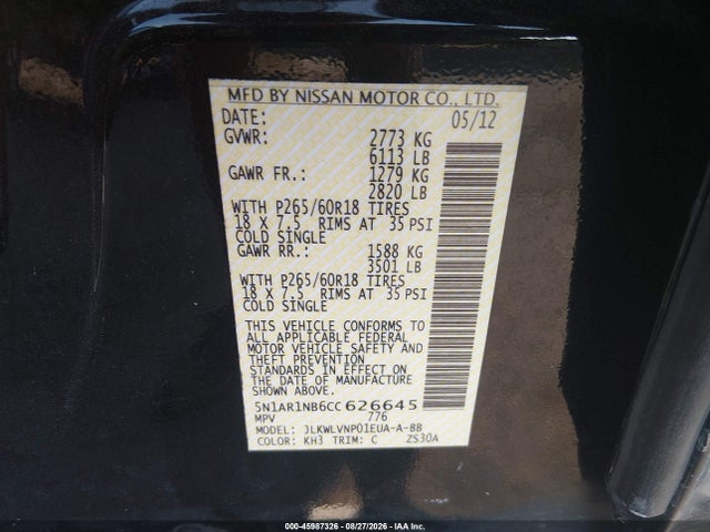Продажа на аукционе авто 2012 Nissan Pathfinder Le, vin: 5N1AR1NB6CC626645, номер лота: 45987326