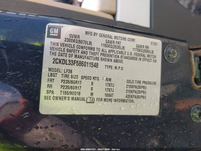 Продаж на аукціоні авто 2008 Pontiac Torrent, vin: 2CKDL33F586011548, номер лоту: 45987331