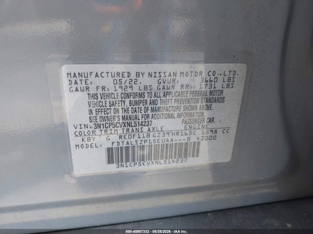 45987332 :رقم المزاد ، 3N1CP5CVXNL514237 vin ، 2022 Nissan Kicks Sv Xtronic Cvt مزاد بيع
