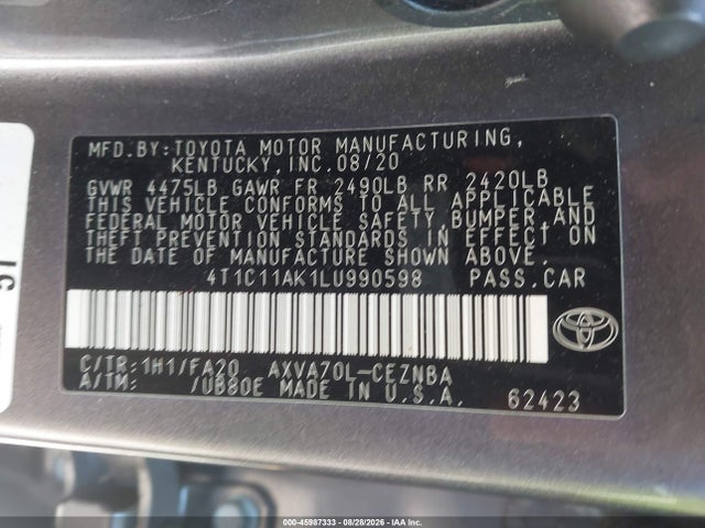 45987333 :رقم المزاد ، 4T1C11AK1LU990598 vin ، 2020 Toyota Camry Le مزاد بيع