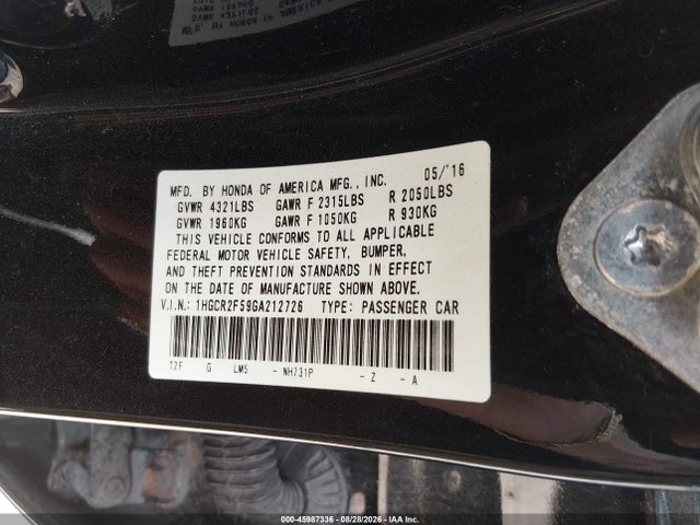 Aukcja sprzedaży 2016 Honda Accord Sport, vin: 1HGCR2F59GA212726, numer aukcji: 45987336