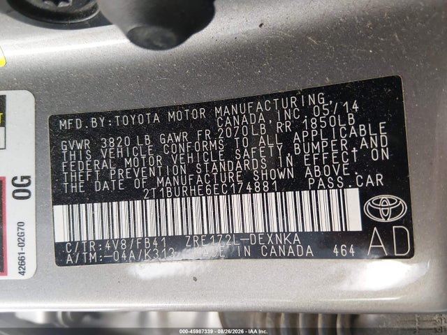 2T1BURHE6EC174881 Toyota COROLLA LE