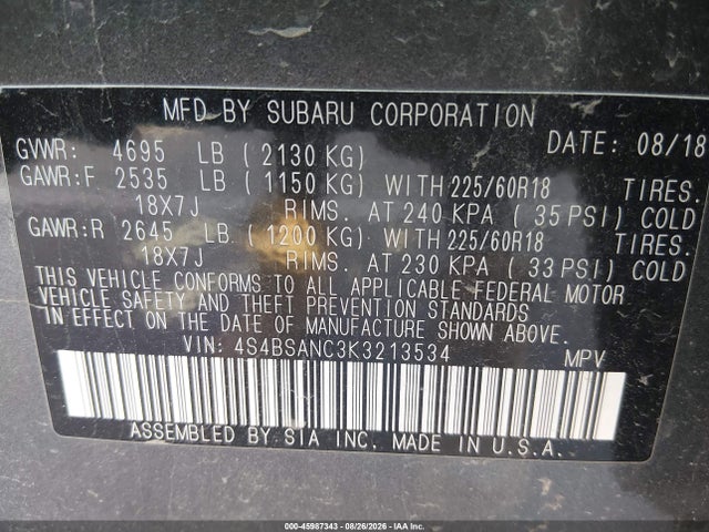 45987343 :رقم المزاد ، 4S4BSANC3K3213534 vin ، 2019 Subaru Outback 2.5i Limited مزاد بيع