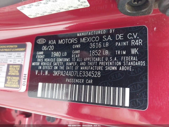 Продажа на аукционе авто 2020 Kia Rio S, vin: 3KPA24AD7LE334528, номер лота: 45987350