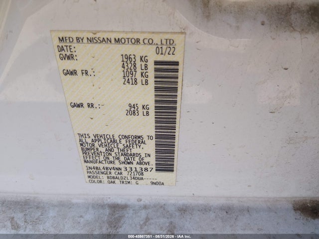 2022 Nissan Altima S Fwd მანქანა იყიდება აუქციონზე, vin: 1N4BL4BV4NN331387, აუქციონის ნომერი: 45987351