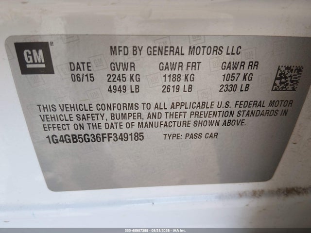 Продаж на аукціоні авто 2015 Buick Lacrosse Leather, vin: 1G4GB5G36FF349185, номер лоту: 45987355