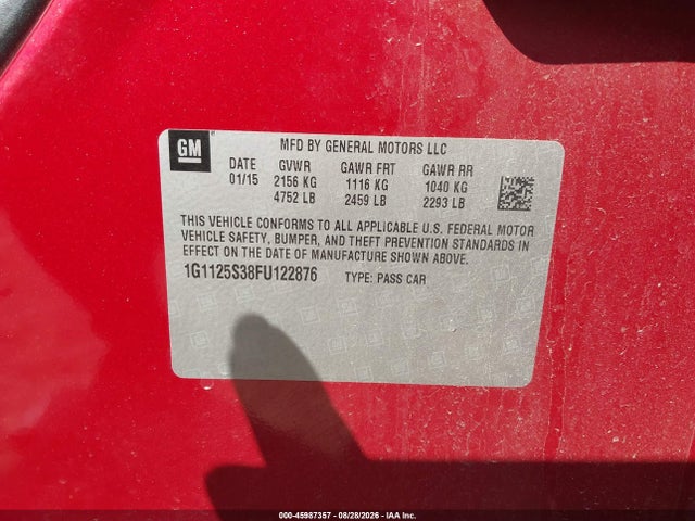 45987357 :رقم المزاد ، 1G1125S38FU122876 vin ، 2015 Chevrolet Impala 2lt مزاد بيع