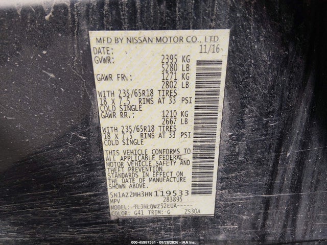 Продажа на аукционе авто 2017 Nissan Murano Sv, vin: 5N1AZ2MH3HN119533, номер лота: 45987361