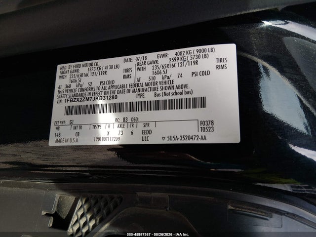 2018 Ford Transit-350 Xl მანქანა იყიდება აუქციონზე, vin: 1FBZX2ZM7JKB31280, აუქციონის ნომერი: 45987367