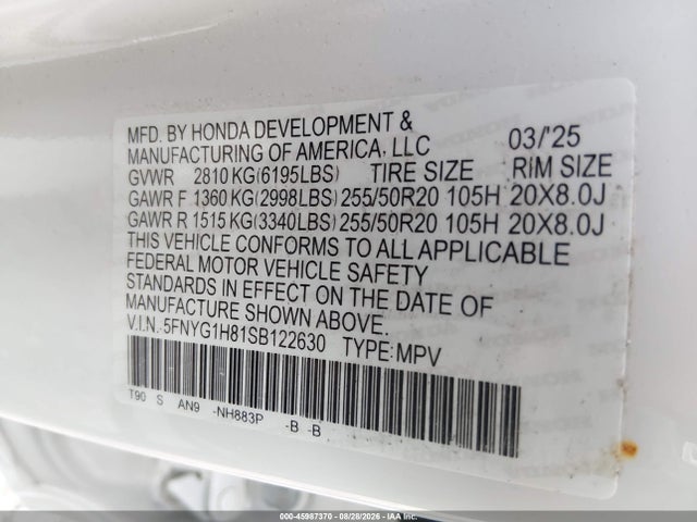 45987370 :رقم المزاد ، 5FNYG1H81SB122630 vin ، 2025 Honda Pilot Elite مزاد بيع