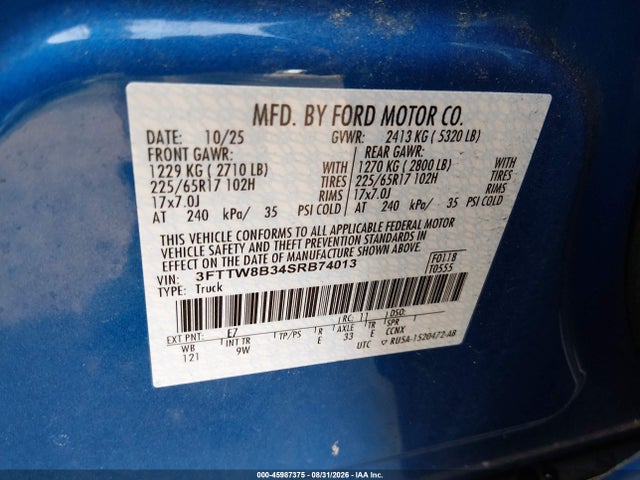 Продаж на аукціоні авто 2025 Ford Maverick Xl, vin: 3FTTW8B34SRB74013, номер лоту: 45987375