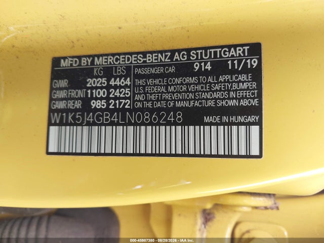 Продажа на аукционе авто 2020 Mercedes-benz Cla 250, vin: W1K5J4GB4LN086248, номер лота: 45987380