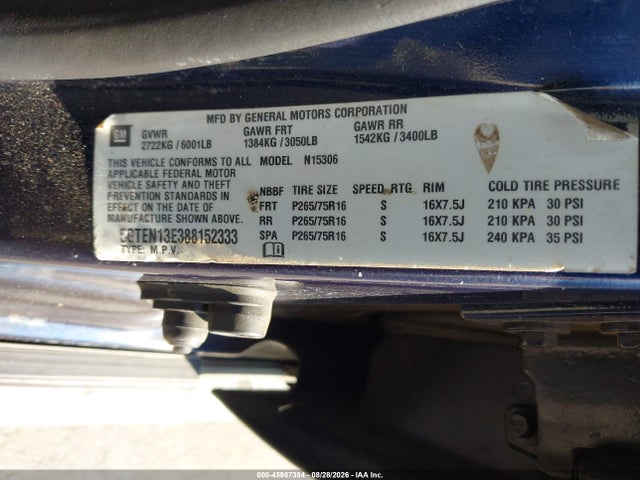 2008 Hummer H3 Suv მანქანა იყიდება აუქციონზე, vin: 5GTEN13E388152333, აუქციონის ნომერი: 45987384