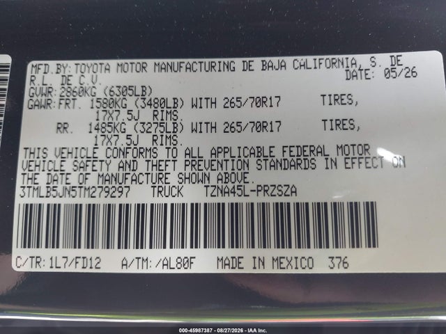 45987387 :رقم المزاد ، 3TMLB5JN5TM279297 vin ، 2026 Toyota Tacoma Trd Off Road مزاد بيع