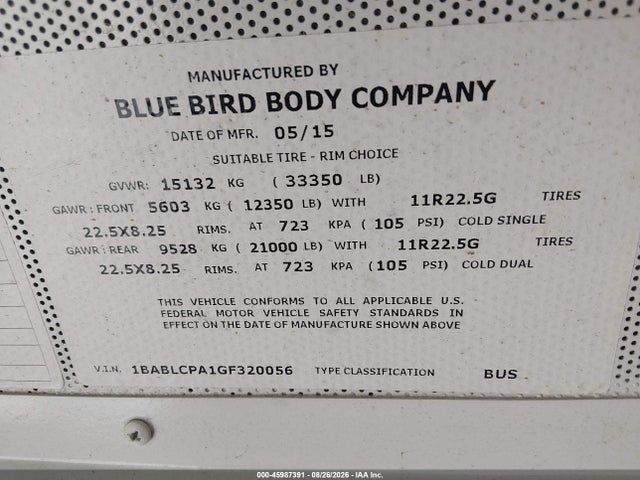 Продажа на аукционе авто 2016 Blue Bird School Bus / Transit Bus, vin: 1BABLCPA1GF320056, номер лота: 45987391