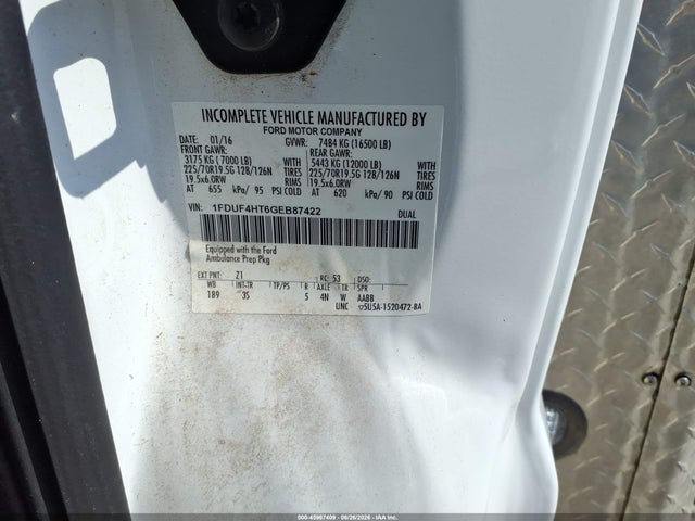 2016 Ford F-450 Chassis Xlt მანქანა იყიდება აუქციონზე, vin: 1FDUF4HT6GEB87422, აუქციონის ნომერი: 45987409