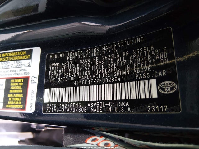 45987423 :رقم المزاد ، 4T1BF1FK7FU028641 vin ، 2015 Toyota Camry Se مزاد بيع