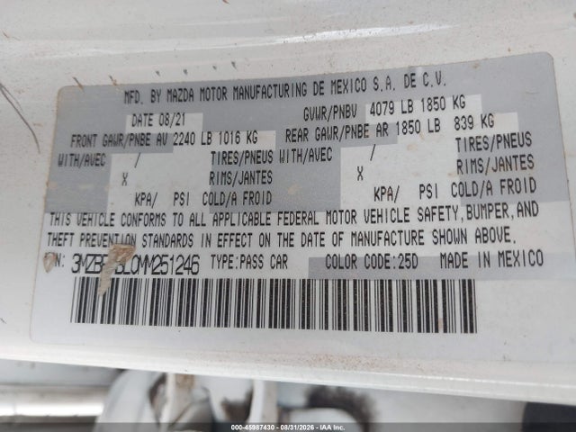 45987430 :رقم المزاد ، 3MZBPABL0MM251246 vin ، 2021 Mazda Mazda3 Select مزاد بيع