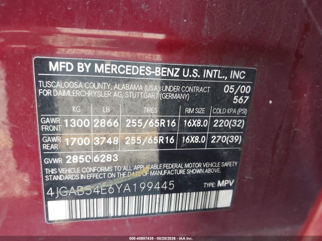 Продаж на аукціоні авто 2000 Mercedes-benz Ml 320, vin: 4JGAB54E6YA199445, номер лоту: 45987439