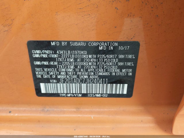 Aukcja sprzedaży 2018 Subaru Crosstrek 2.0i Premium, vin: JF2GTADC7JH240411, numer aukcji: 45987440