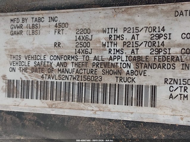 45987460 :رقم المزاد ، 4TAVL52N7WZ156023 vin ، 1998 Toyota Tacoma مزاد بيع
