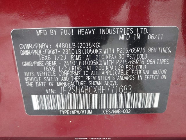 Aukcja sprzedaży 2011 Subaru Forester 2.5x, vin: JF2SHABCXBH771683, numer aukcji: 45987461