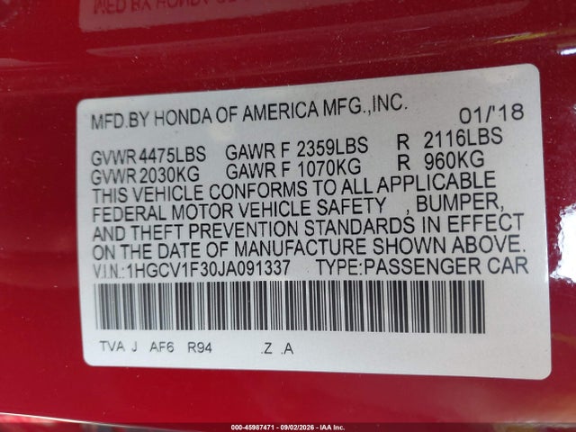 Auction sale of the 2018 Honda Accord Sport, vin: 1HGCV1F30JA091337, lot number: 45987471