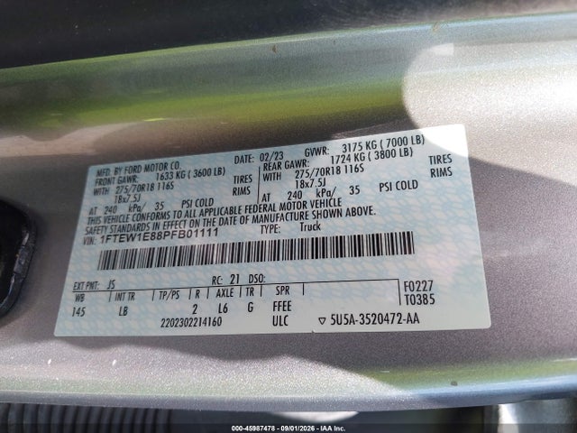 Продаж на аукціоні авто 2023 Ford F-150 Tremor, vin: 1FTEW1E88PFB01111, номер лоту: 45987478