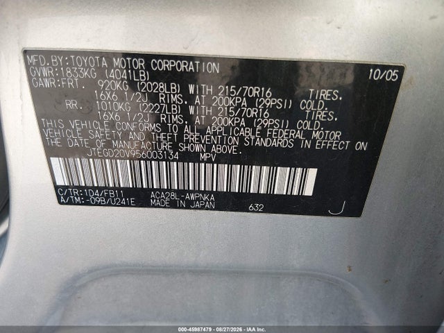 Aukcja sprzedaży 2005 Toyota Rav4, vin: JTEGD20V956003134, numer aukcji: 45987479