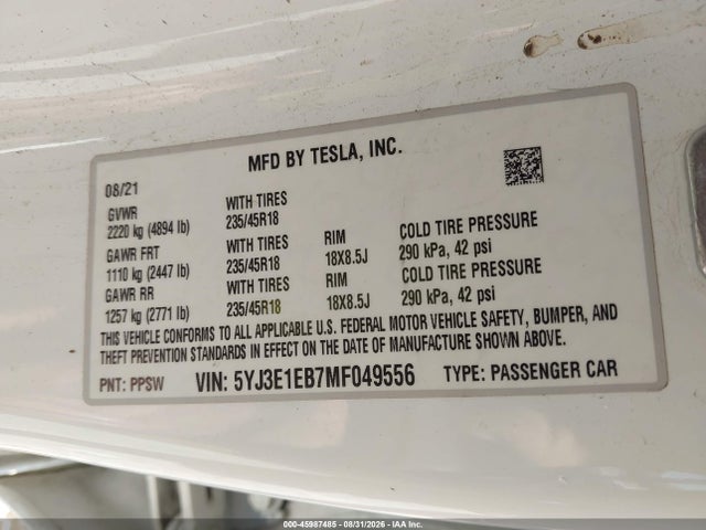 Aukcja sprzedaży 2021 Tesla Model 3 Long Range Dual Motor All-wheel Drive, vin: 5YJ3E1EB7MF049556, numer aukcji: 45987485