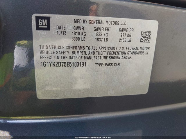 45987508 :رقم المزاد ، 1G1YK2D75E5103191 vin ، 2014 Chevrolet Corvette Stingray Z51 مزاد بيع