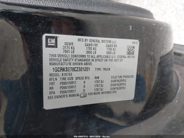 2012 Chevrolet Silverado 1500 Lt მანქანა იყიდება აუქციონზე, vin: 1GCRKSE78CZ301201, აუქციონის ნომერი: 45987510