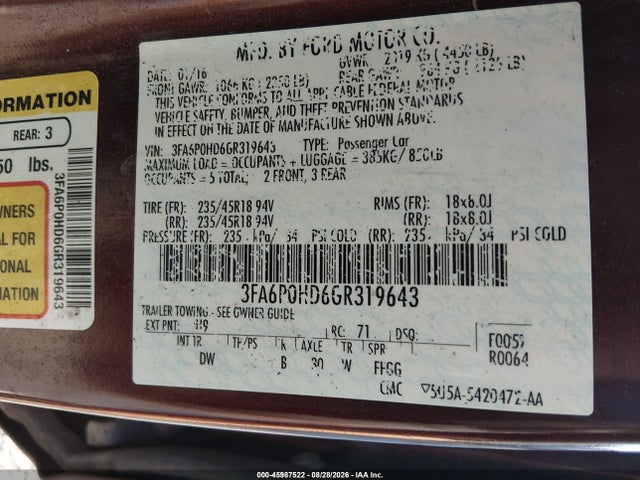 Продажа на аукционе авто 2016 Ford Fusion Se, vin: 3FA6P0HD6GR319643, номер лота: 45987522