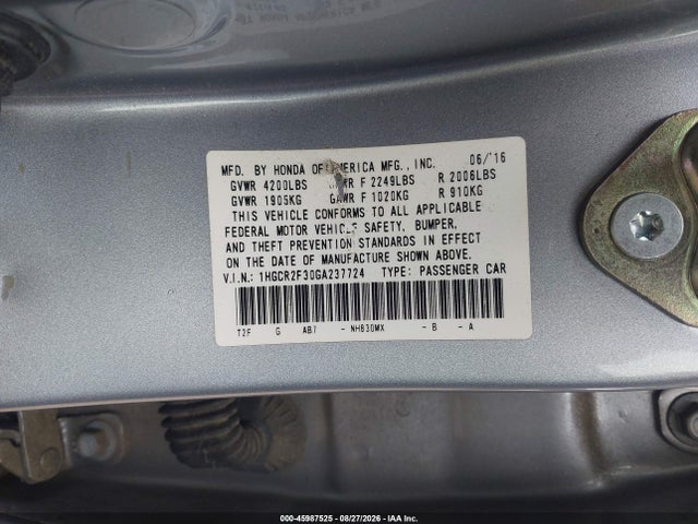 Продаж на аукціоні авто 2016 Honda Accord Lx, vin: 1HGCR2F30GA237724, номер лоту: 45987525